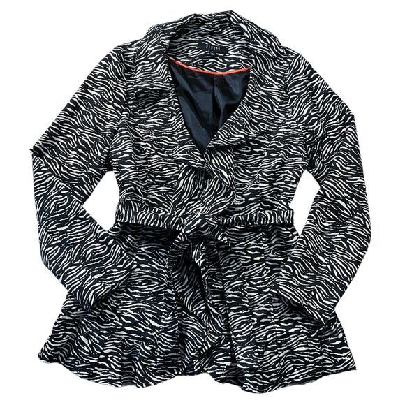 Sandro Womens Jacket size Medium Black Cream Animal Print Tie Waist Lined Ruffle - Picture 1 of 9